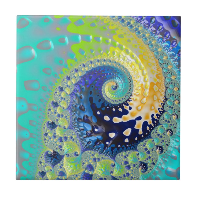 Azulejo De Cerâmica Aqua Cobalt e Abstrato Fractal Espiral Amarelo (Frente)