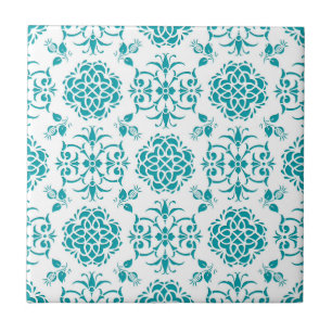 Azulejo De Cerâmica Aqua e Cor damasco Floral Branca