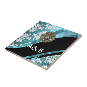 Azulejo De Cerâmica Aqua e damasco branco com gema de cristal falso