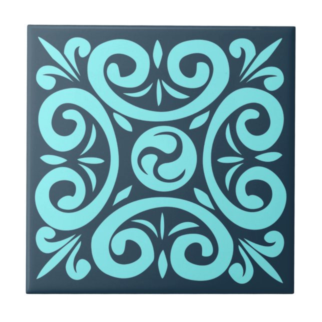 Azulejo De Cerâmica Aqua e Preto no Padrão Floral Intrato Azul (Frente)