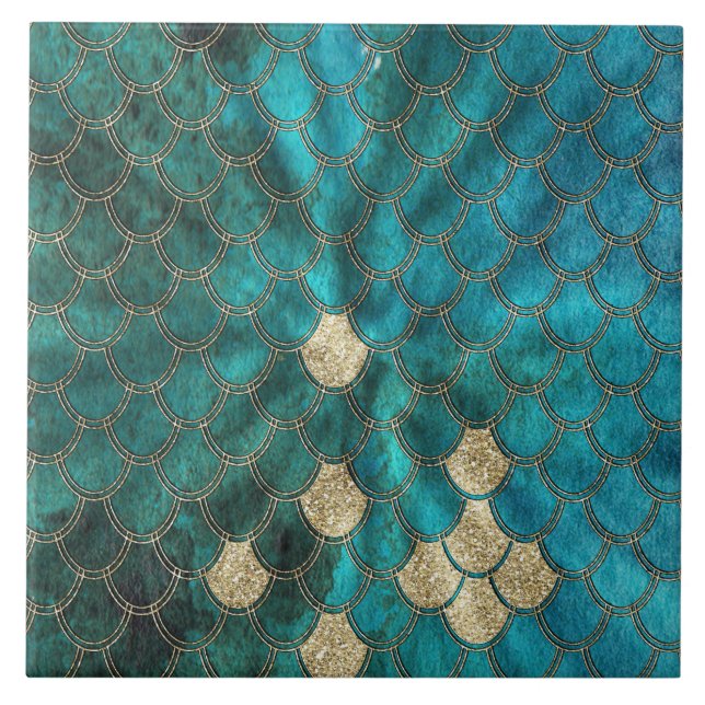 Azulejo De Cerâmica Aqua Mermaidscales verde com brilho do ouro (Frente)