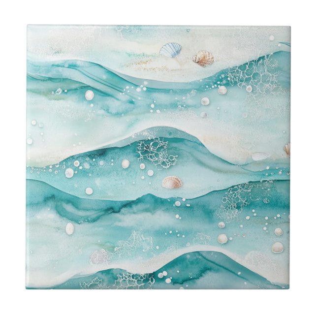 Azulejo De Cerâmica Aqua Ocean Waves & Seashell Pattern (5) (Frente)