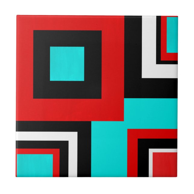 Azulejo De Cerâmica Aqua Red Black White Bloco Geométrico (Frente)