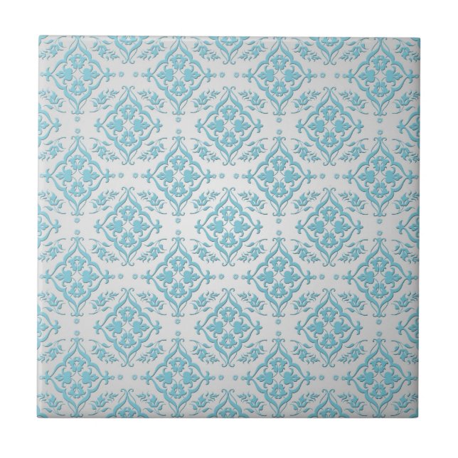 Azulejo De Cerâmica Aqua Teal Blue e Silver Damask (Frente)