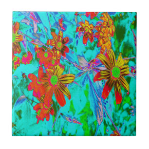 Azulejo De Cerâmica Aqua Tropical com Flores Amarelas e Laranja