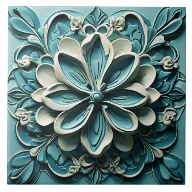 Azulejo De Cerâmica Aqua Turquoise Teal Faux Alivio Flor (Frente)