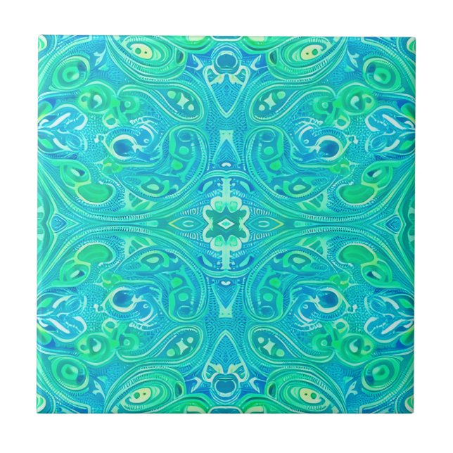 Azulejo De Cerâmica Aquamarine Arabesque Bohemian Pattern (Frente)