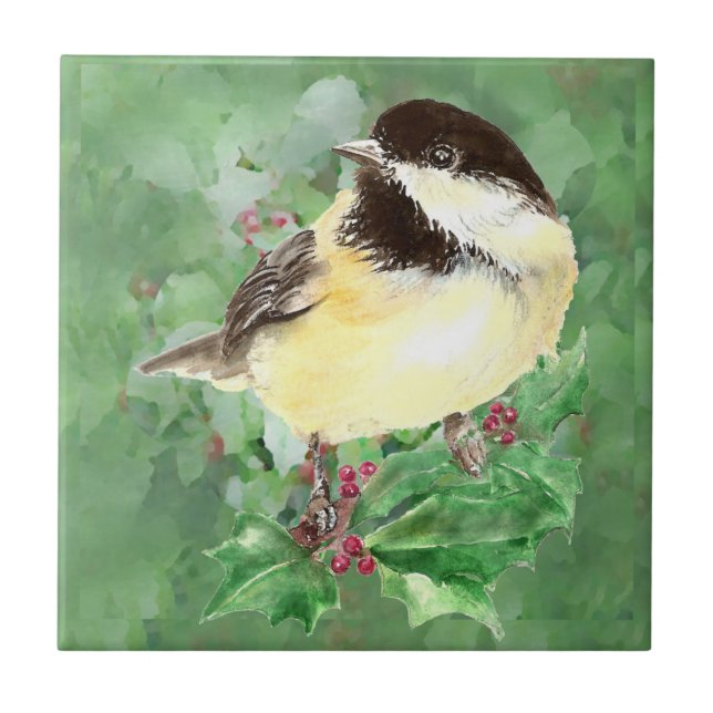 Azulejo De Cerâmica Aquarela Chickadee Bird Willife Art (Frente)