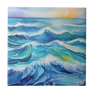 Azulejo De Cerâmica Aquarela das ondas do mar sob o sol