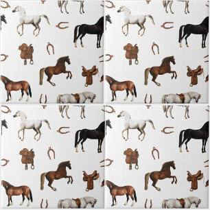 Azulejo De Cerâmica Aquarela de Cavalos Ferradura Selas de Cavalo