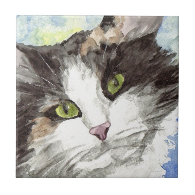 Azulejo De Cerâmica Aquarela de Gato (Frente)