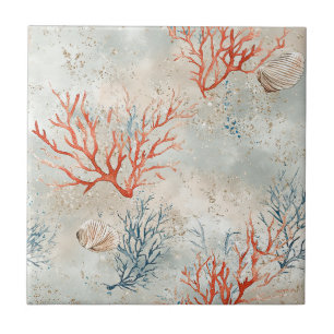 Azulejo De Cerâmica Aquarela Elegante Costeira Coral & Ondas do Oceano
