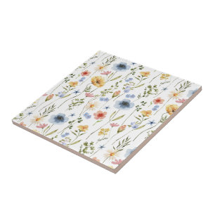 Azulejo De Cerâmica Aquarela Flor Silvestre Azul Amarelo Rosa