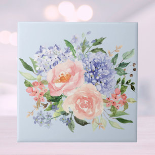 Azulejo De Cerâmica Aquarela Floral Azul Rosa Primavera Hydrangea Peôn