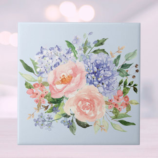 Azulejo De Cerâmica Aquarela Floral Azul Rosa Primavera Hydrangea Peôn