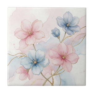Azulejo De Cerâmica Aquarela Floral Rosa Azul Elegante