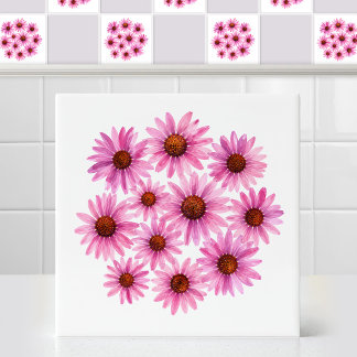 Azulejo De Cerâmica Aquarela Flores de Echinacea Violeta em Arte
