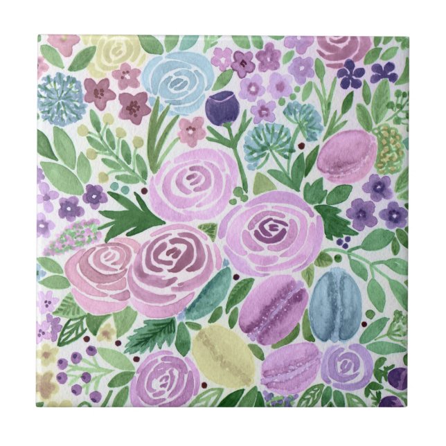 Azulejo De Cerâmica Aquarela, flores e macarões (Frente)