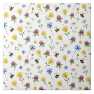 Azulejo De Cerâmica Aquarela Flores Silvestres e Abelhas