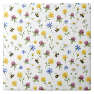 Azulejo De Cerâmica Aquarela Flores Silvestres e Abelhas