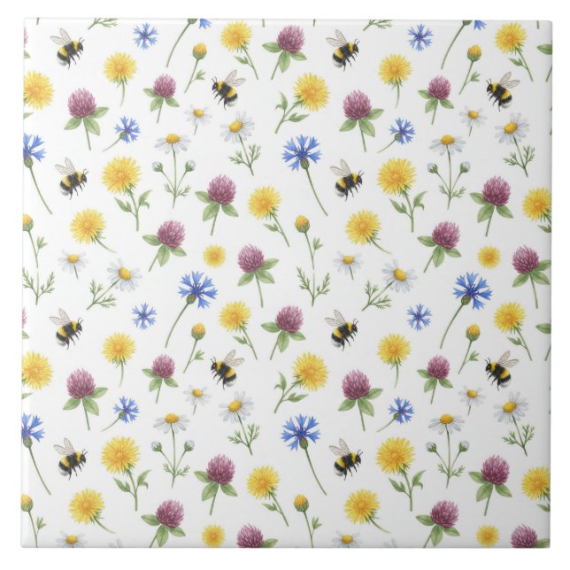 Azulejo De Cerâmica Aquarela Flores Silvestres e Abelhas (Frente)