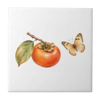 Azulejo De Cerâmica Aquarela Fruta Caqui e Borboleta