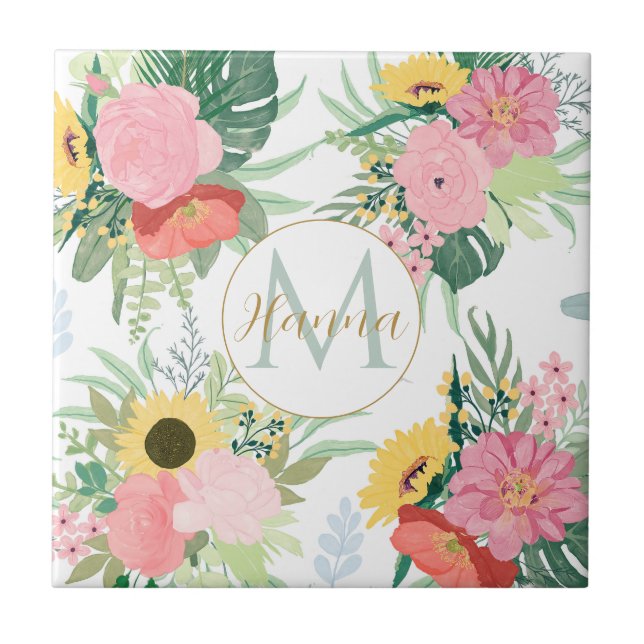 Azulejo De Cerâmica Aquarela Girassóis e papagaios Botânicos (Frente)