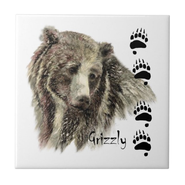 Azulejo De Cerâmica Aquarela Grizzly Bear Natureza (Frente)