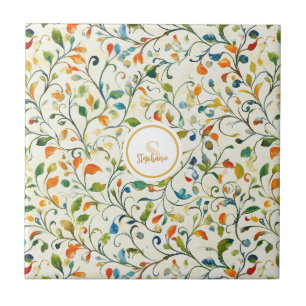 Azulejo De Cerâmica Aquarela Jardim Europeu Verde Laranja