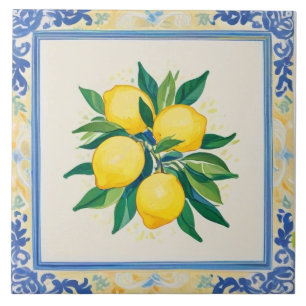 Azulejo De Cerâmica Aquarela Limões Azul Verde Amarelo Branco Estival