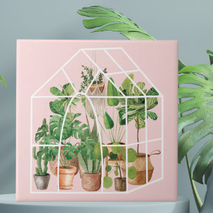 Azulejo De Cerâmica Aquarela Planta Tropical Caseira Fofa em Rosa