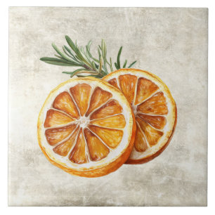 Azulejo De Cerâmica Aquarela Rústica Erva Erva-Doce Laranjas