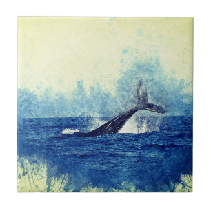 Azulejo De Cerâmica aquarelas, azul-baleia oceânica