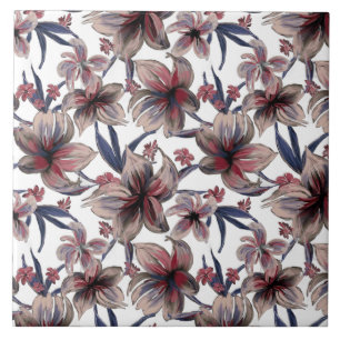 Azulejo De Cerâmica Aquarelas Crimson Floral em Branco