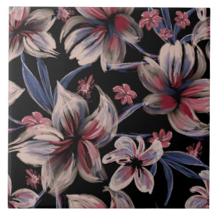 Azulejo De Cerâmica Aquarelas Crimson Floral em Preto