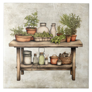 Azulejo De Cerâmica Aquarelas de Banco de Madeira de Ervas e Especiari