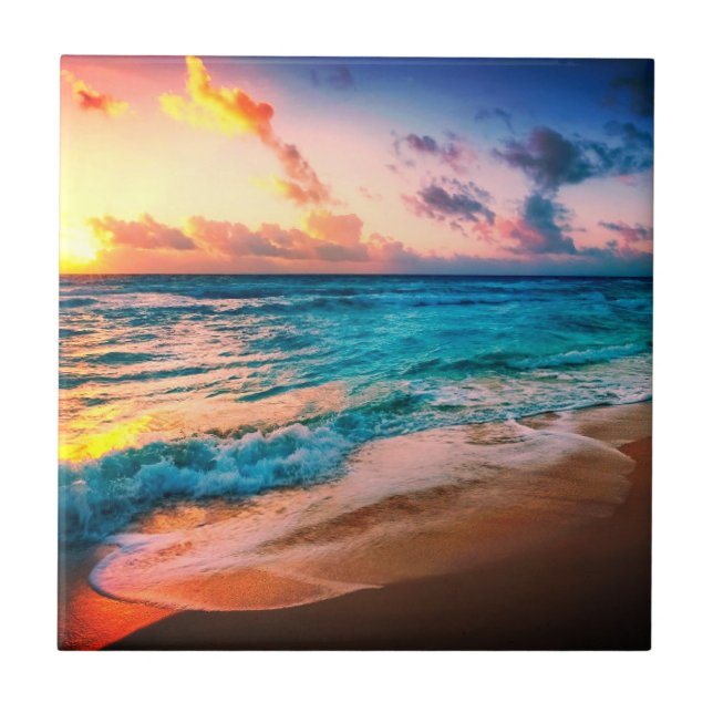 Azulejo De Cerâmica Aquarelas, praia e mar, céu (Frente)