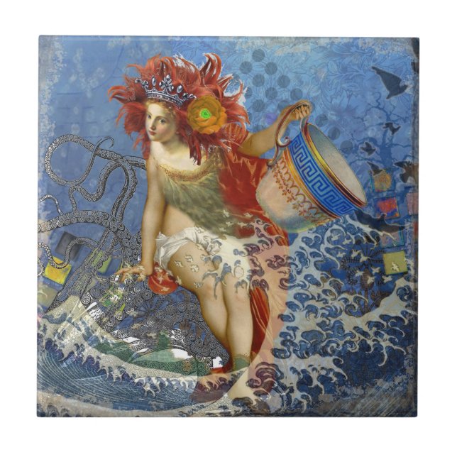 Azulejo De Cerâmica Aquarius Mermaid Gótica Arte Azul (Frente)