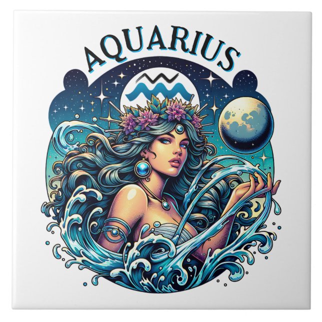Azulejo De Cerâmica Aquarius Water Bearer Beautiful Woman Astrology  (Frente)