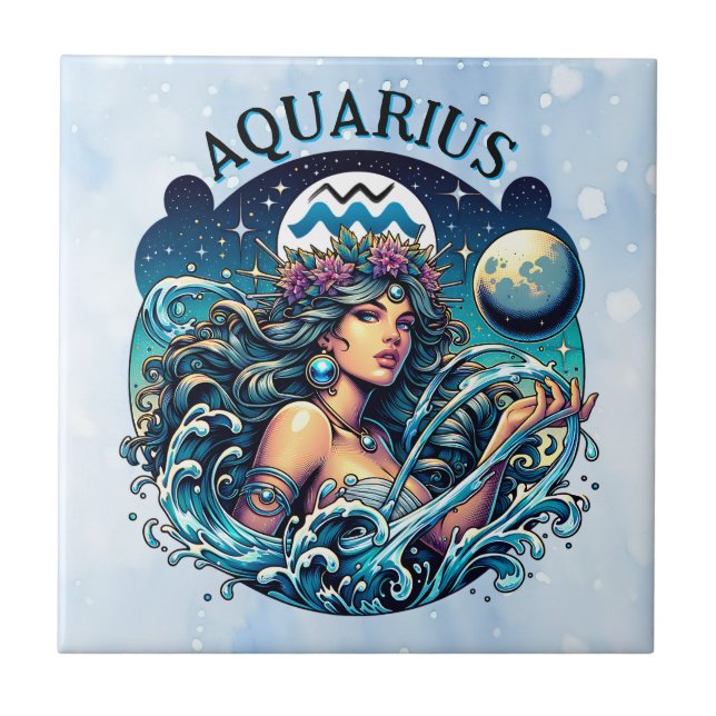 Azulejo De Cerâmica Aquarius Water Bearer Beautiful Woman Astrology  (Frente)
