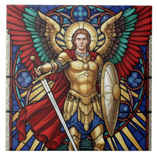 Azulejo De Cerâmica Arcanjo Miguel - Anjo Colorido de Vidro Pintado