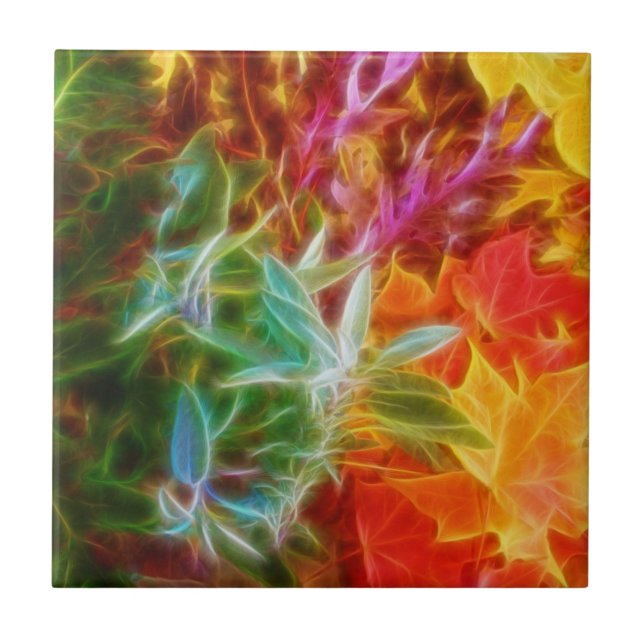 Azulejo De Cerâmica Arco-íris das folhas de outono do Fractal (Frente)