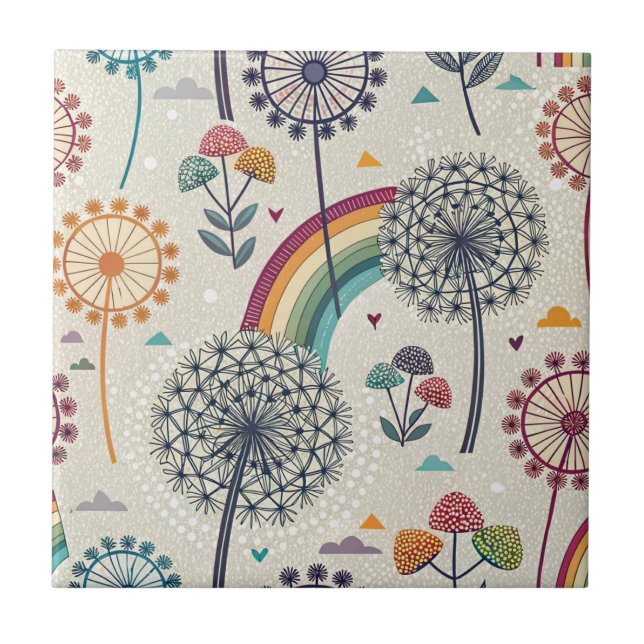 Azulejo De Cerâmica Arco-Íris Whimsical e Dandelions Botânicos (Frente)