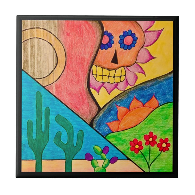 Azulejo De Cerâmica Arizona Desert Cactus Guitar Skull (Frente)