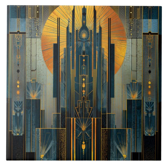 Azulejo De Cerâmica Arquitetura Deco À Noite (Frente)