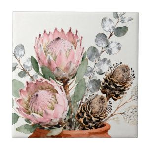 Azulejo De Cerâmica Arranjo de Protea Eucalipto em Aquarela