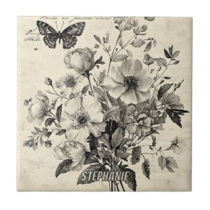 Azulejo De Cerâmica Arranjo Floral Antigo - Borboleta Monocromática