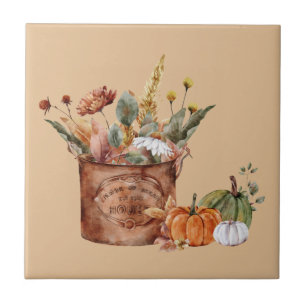 Azulejo De Cerâmica Arranjo Floral de Outono Vintage & Abóboras