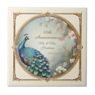 Azulejo De Cerâmica Art Deco 50.o Aniversário da Flor Peacock Elegante