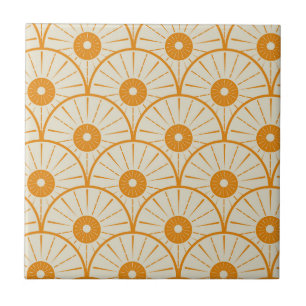 Azulejo De Cerâmica Art Deco Abstrato Sol Laranja em Branco 